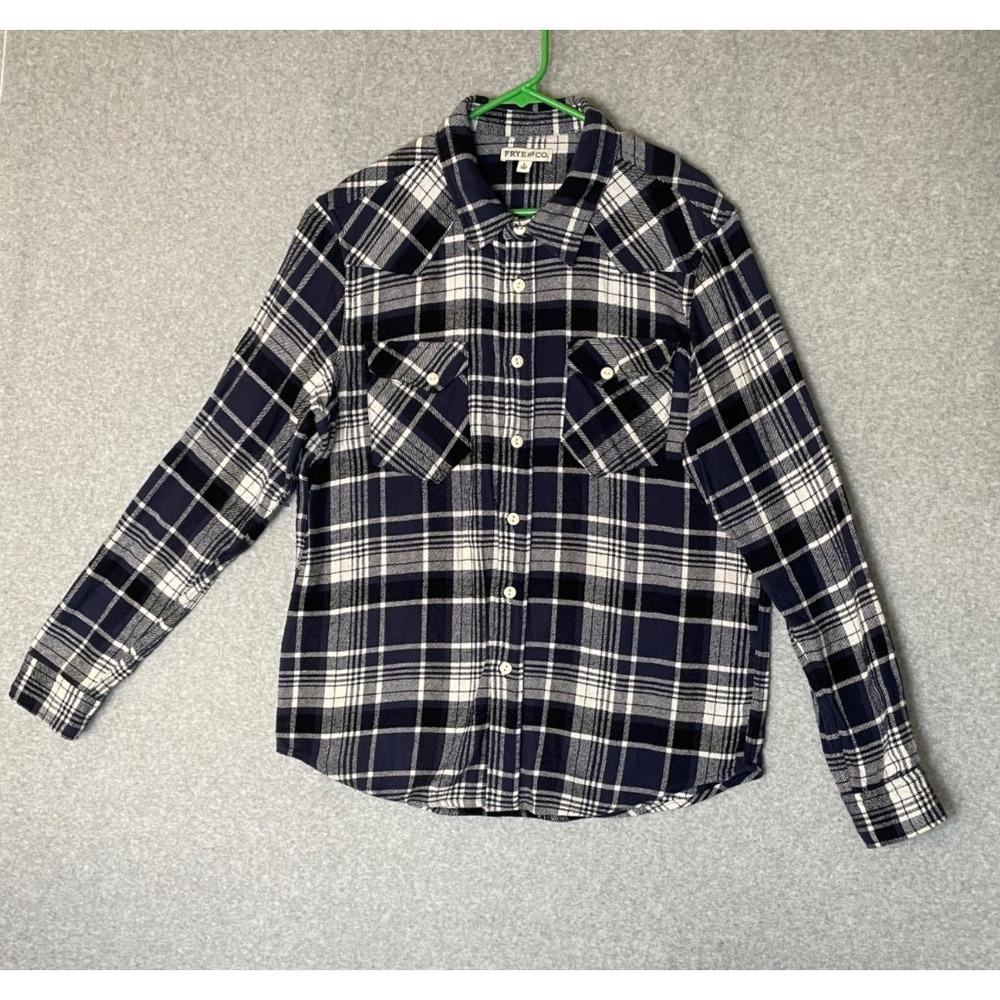 Frye & Co Flannel Shirt Mens Large Blue‎ Plaid Cotton Pockets Long Sleeve Button